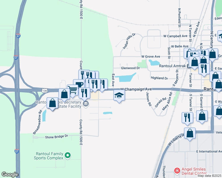 map of restaurants, bars, coffee shops, grocery stores, and more near 626 West Champaign Avenue in Rantoul
