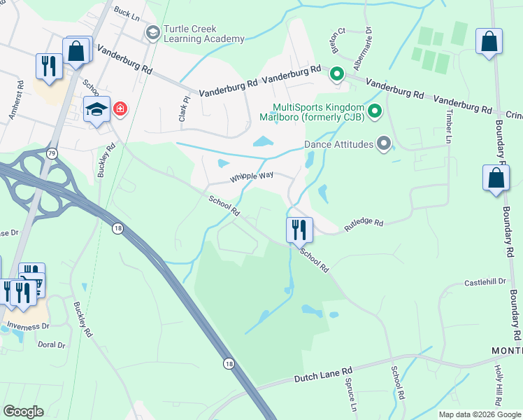 map of restaurants, bars, coffee shops, grocery stores, and more near 75 School Road in Marlboro Township