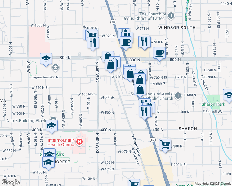map of restaurants, bars, coffee shops, grocery stores, and more near 324 West 580 North in Orem