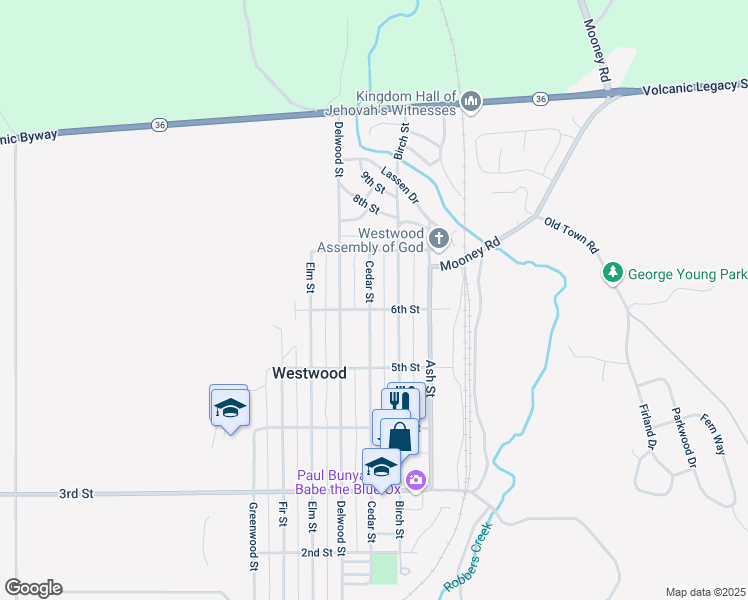 map of restaurants, bars, coffee shops, grocery stores, and more near 602 Cedar Street in Westwood