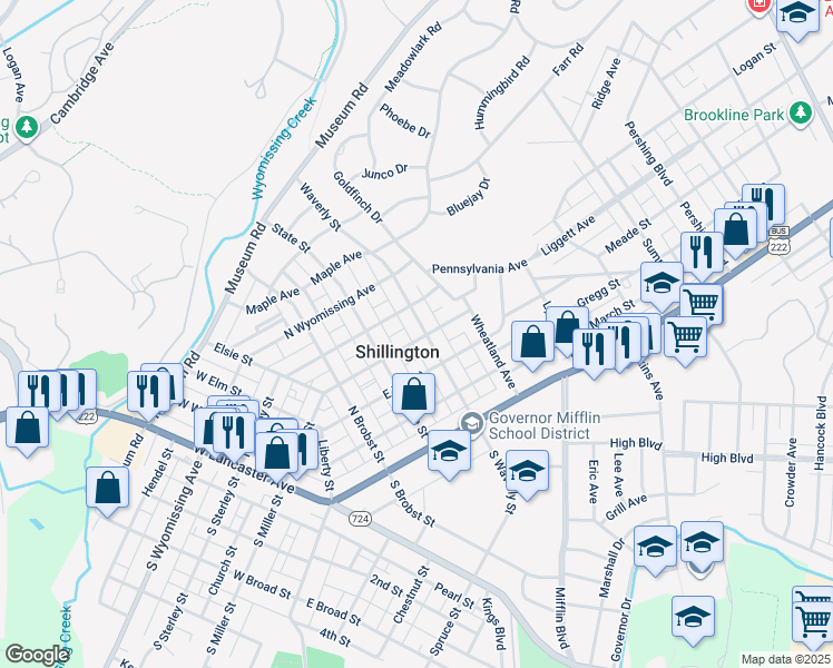 map of restaurants, bars, coffee shops, grocery stores, and more near 222 North Waverly Street in Shillington