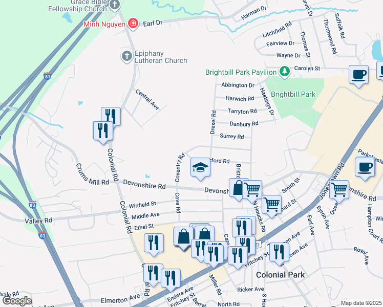 map of restaurants, bars, coffee shops, grocery stores, and more near 4500 Oxford Road in Harrisburg