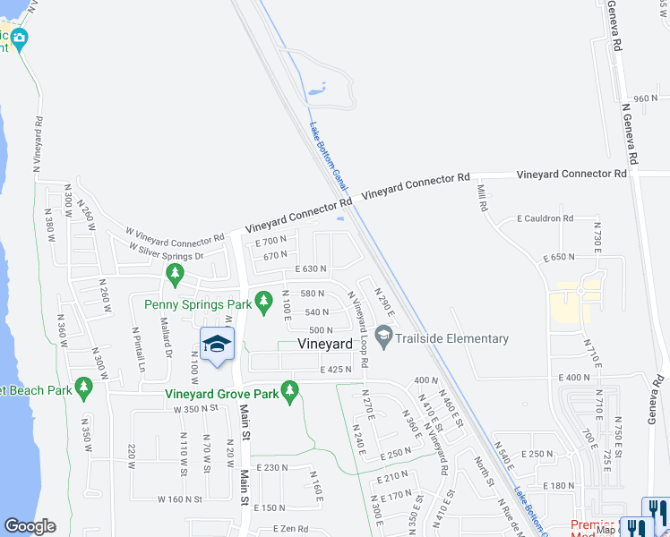 map of restaurants, bars, coffee shops, grocery stores, and more near 67 East 630 North in Vineyard