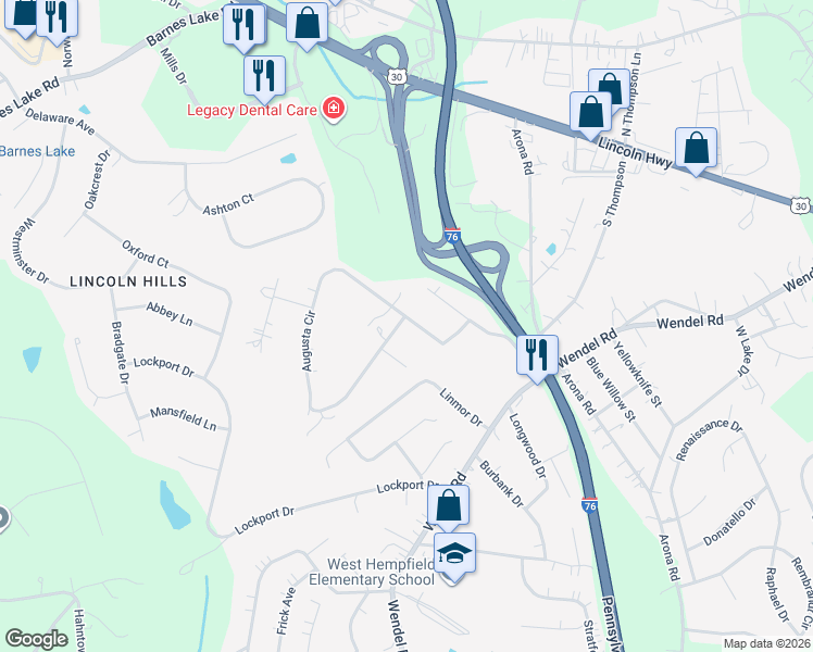 map of restaurants, bars, coffee shops, grocery stores, and more near 640 Susan Drive in Irwin