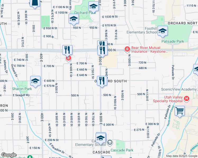 map of restaurants, bars, coffee shops, grocery stores, and more near 585 North 800 East in Orem