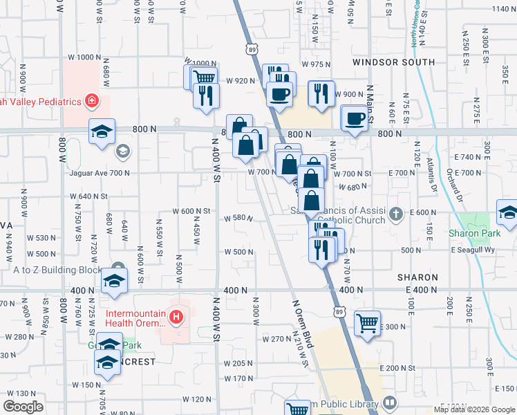 map of restaurants, bars, coffee shops, grocery stores, and more near 324 West 580 North in Orem