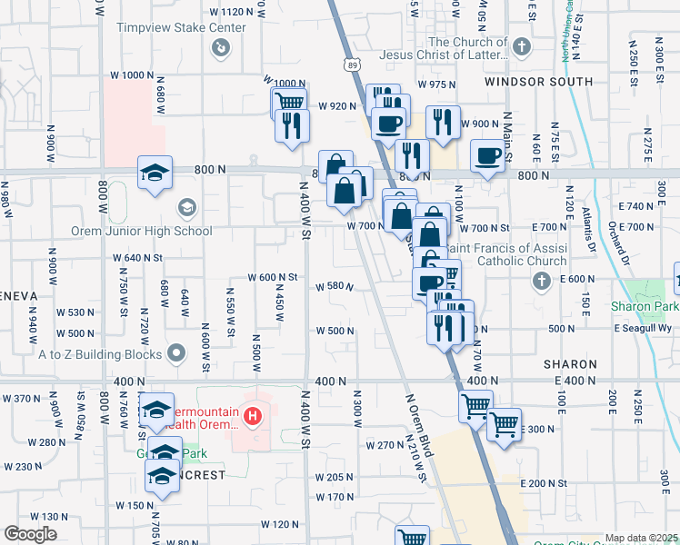 map of restaurants, bars, coffee shops, grocery stores, and more near 324 West 580 North in Orem