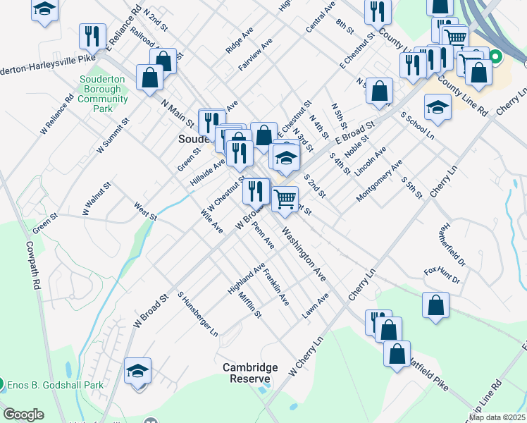 map of restaurants, bars, coffee shops, grocery stores, and more near 38 Washington Avenue in Souderton