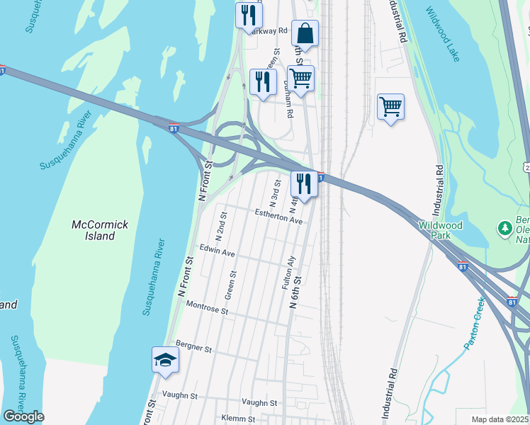 map of restaurants, bars, coffee shops, grocery stores, and more near 3664 North 3rd Street in Harrisburg