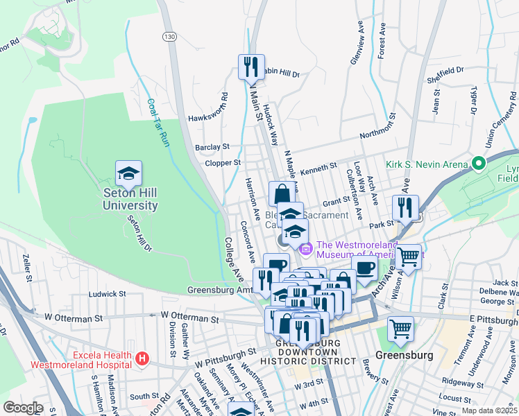 map of restaurants, bars, coffee shops, grocery stores, and more near 414 Harrison Avenue in Greensburg