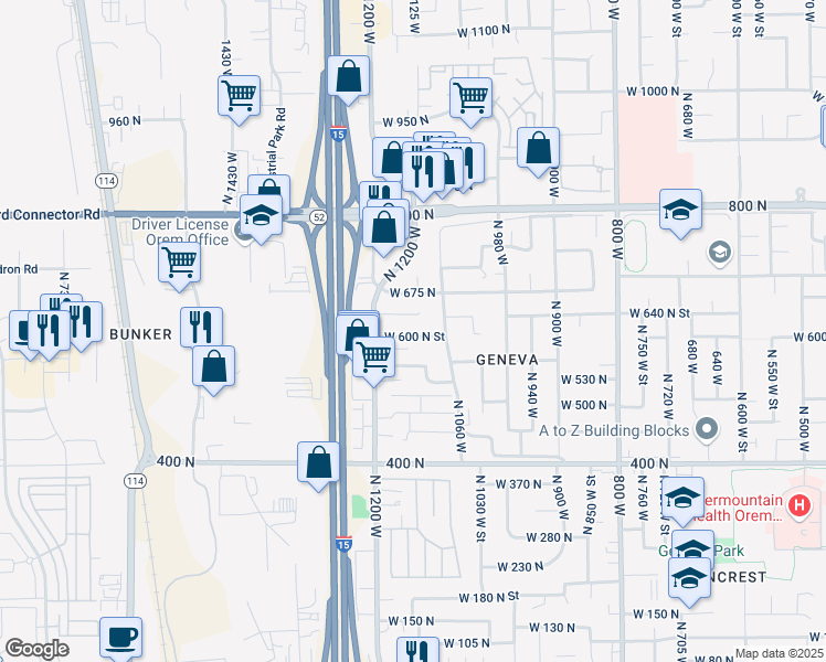 map of restaurants, bars, coffee shops, grocery stores, and more near 1128 West 600 North in Orem