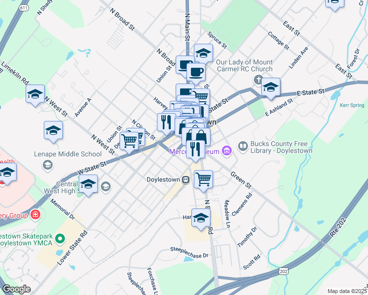map of restaurants, bars, coffee shops, grocery stores, and more near 74A South Hamilton Street in Doylestown