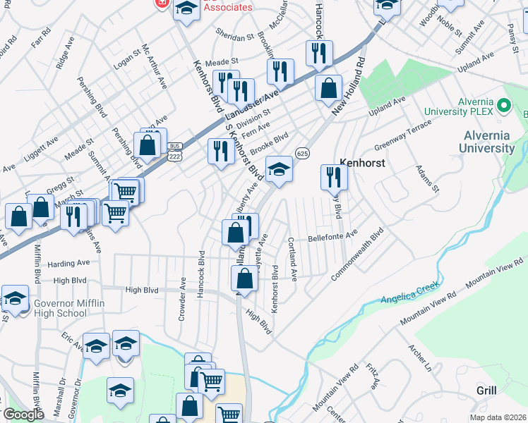 map of restaurants, bars, coffee shops, grocery stores, and more near 1403 Fayette Avenue in Reading