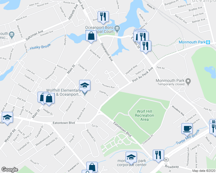 map of restaurants, bars, coffee shops, grocery stores, and more near 55 Hunters Run in Oceanport