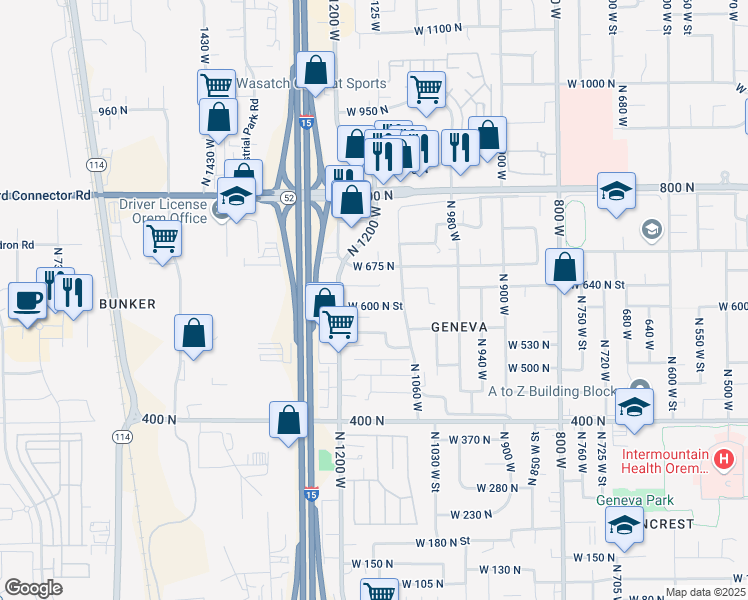 map of restaurants, bars, coffee shops, grocery stores, and more near 1128 West 600 North in Orem