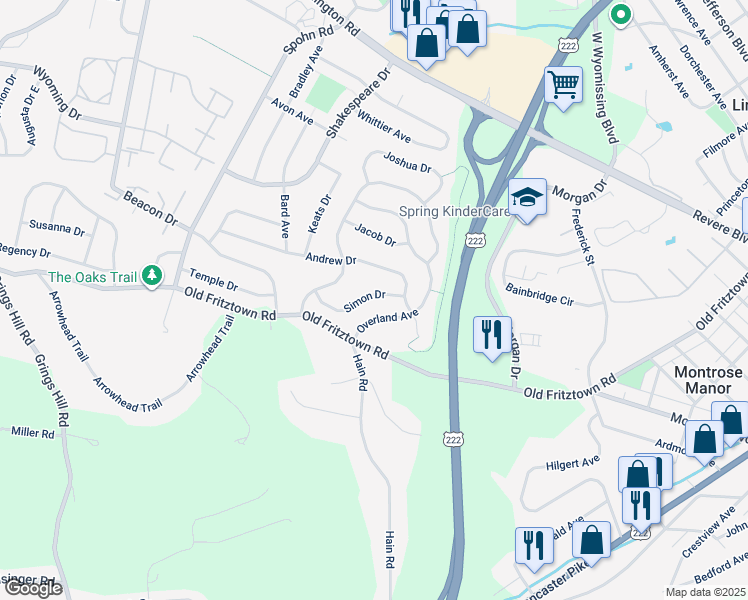 map of restaurants, bars, coffee shops, grocery stores, and more near 2508 Simon Drive in Sinking Spring