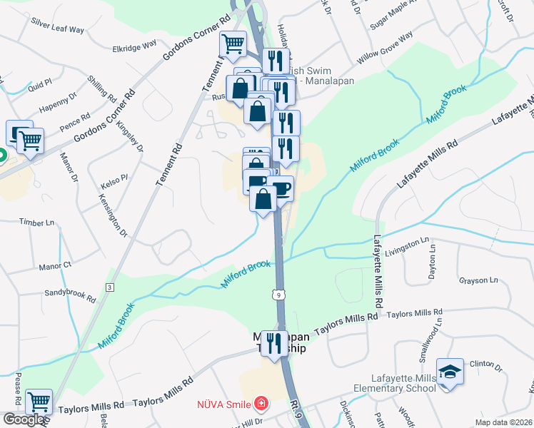 map of restaurants, bars, coffee shops, grocery stores, and more near 301 U.S. 9 in Manalapan Township