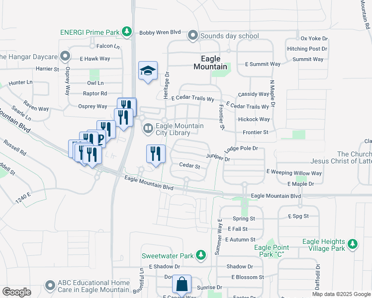 map of restaurants, bars, coffee shops, grocery stores, and more near 1817 Juniper Drive in Eagle Mountain