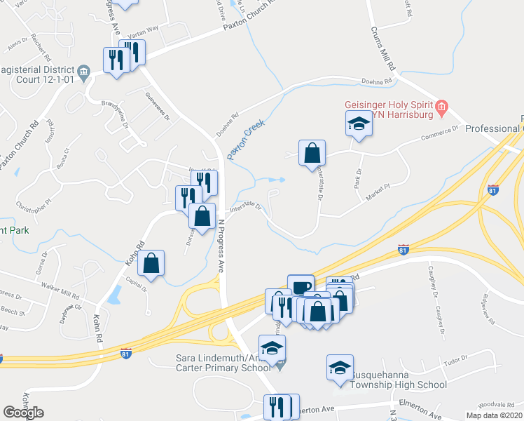 map of restaurants, bars, coffee shops, grocery stores, and more near 2450 Interstate Drive in Harrisburg