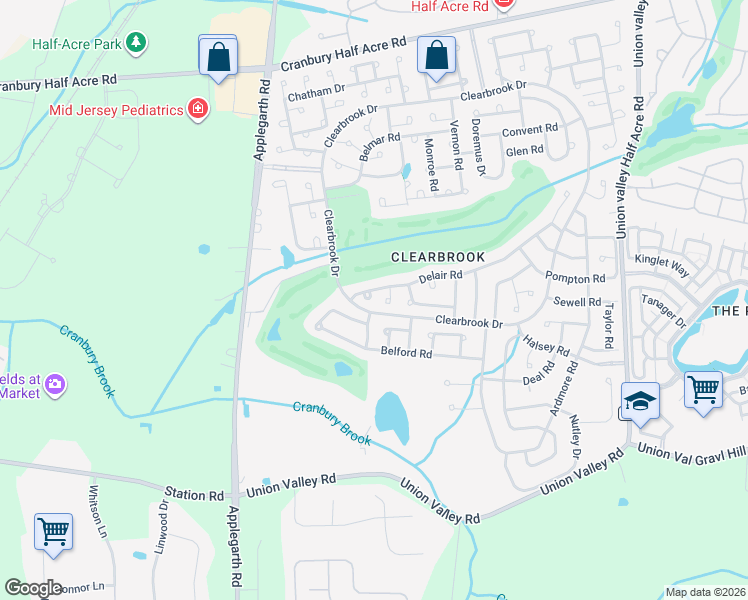 map of restaurants, bars, coffee shops, grocery stores, and more near 460 Delair Road in Monroe Township
