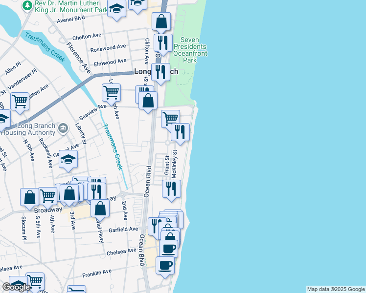 map of restaurants, bars, coffee shops, grocery stores, and more near 100 Ocean Avenue North in Long Branch