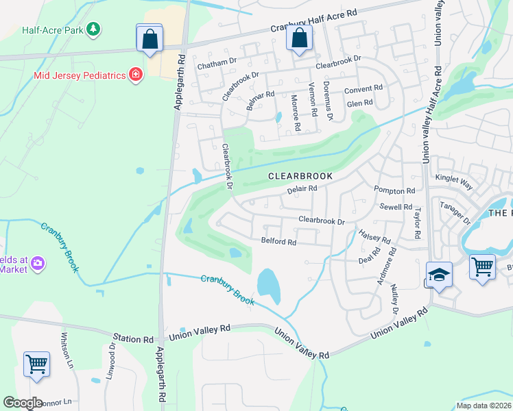 map of restaurants, bars, coffee shops, grocery stores, and more near 460 Delair Road in Monroe Township