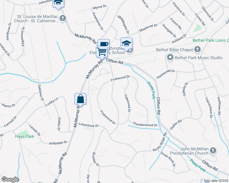 map of restaurants, bars, coffee shops, grocery stores, and more near 1057 Highfield Road in Bethel Park