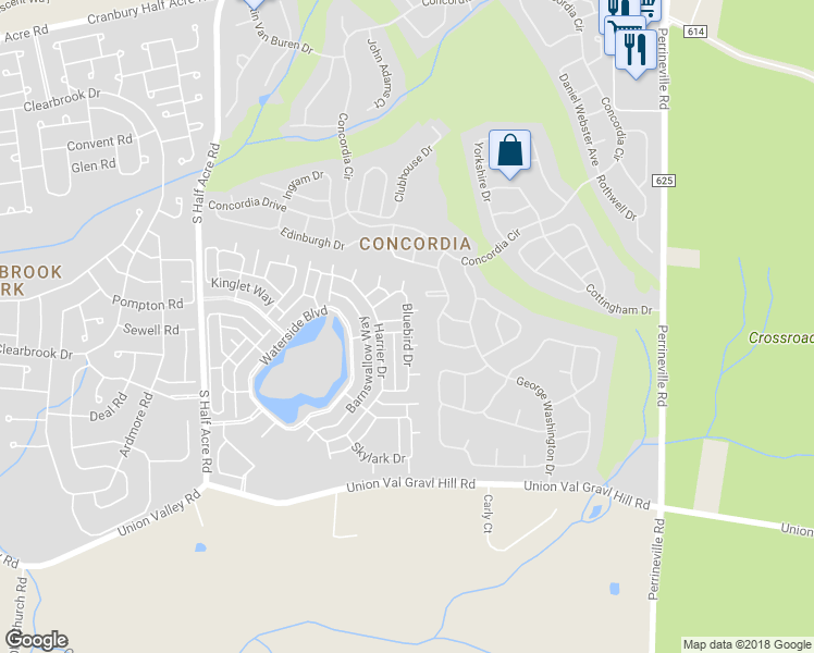 map of restaurants, bars, coffee shops, grocery stores, and more near 455 Bluebird Drive in Monroe Township