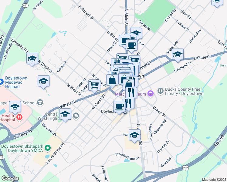 map of restaurants, bars, coffee shops, grocery stores, and more near 23 South Clinton Street in Doylestown