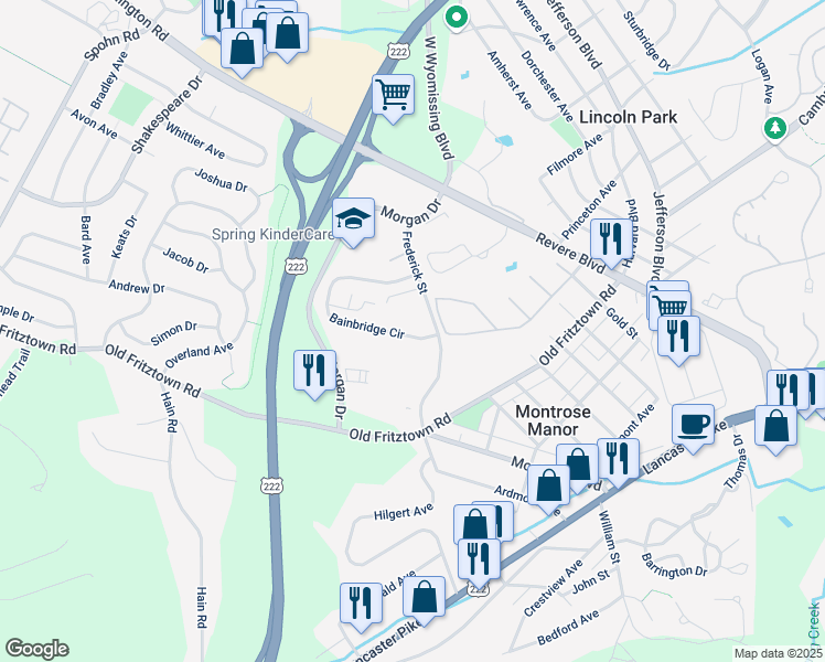 map of restaurants, bars, coffee shops, grocery stores, and more near 242 Bainbridge Circle in Sinking Spring