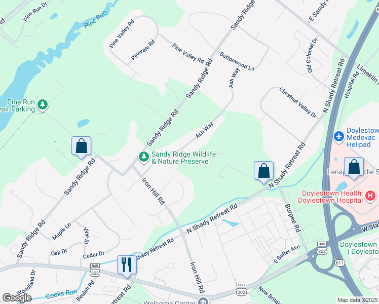 map of restaurants, bars, coffee shops, grocery stores, and more near 187 Ash Way in Doylestown