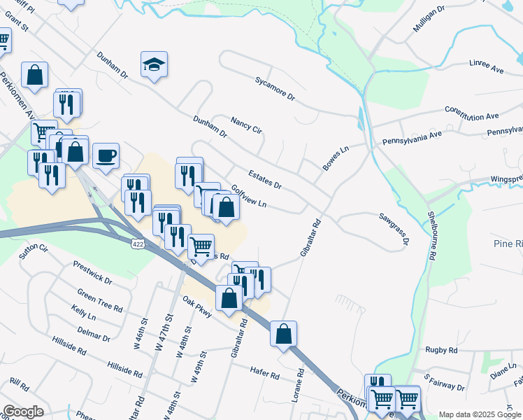 map of restaurants, bars, coffee shops, grocery stores, and more near 18 Golfview Lane in Reading