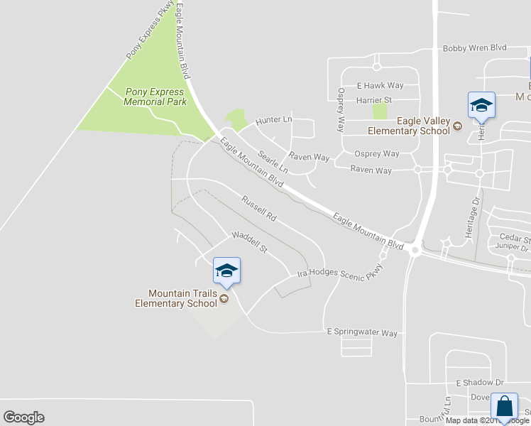 map of restaurants, bars, coffee shops, grocery stores, and more near 4085 Russell Road in Eagle Mountain