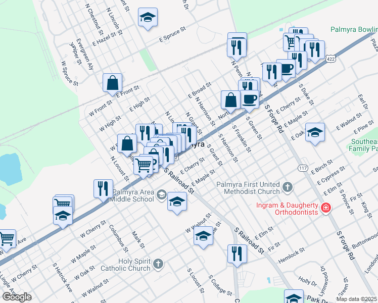 map of restaurants, bars, coffee shops, grocery stores, and more near 128 East Main Street in Palmyra