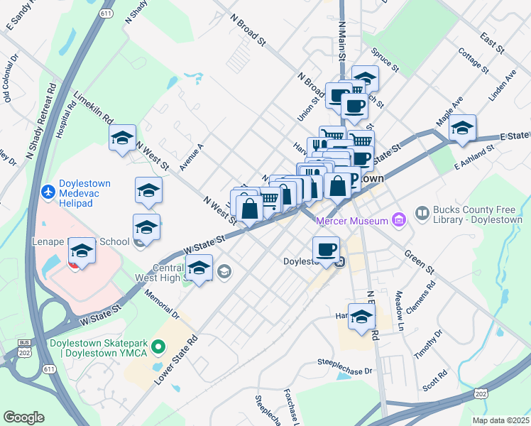 map of restaurants, bars, coffee shops, grocery stores, and more near 180 West State Street in Doylestown