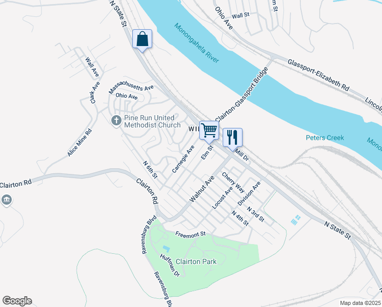 map of restaurants, bars, coffee shops, grocery stores, and more near 177 Carnegie Avenue in Clairton