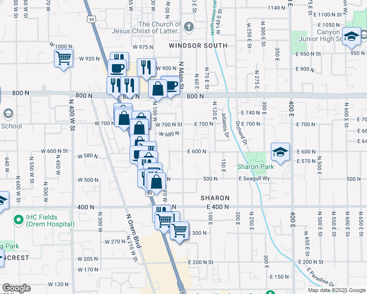 map of restaurants, bars, coffee shops, grocery stores, and more near 593 North Main Street in Orem