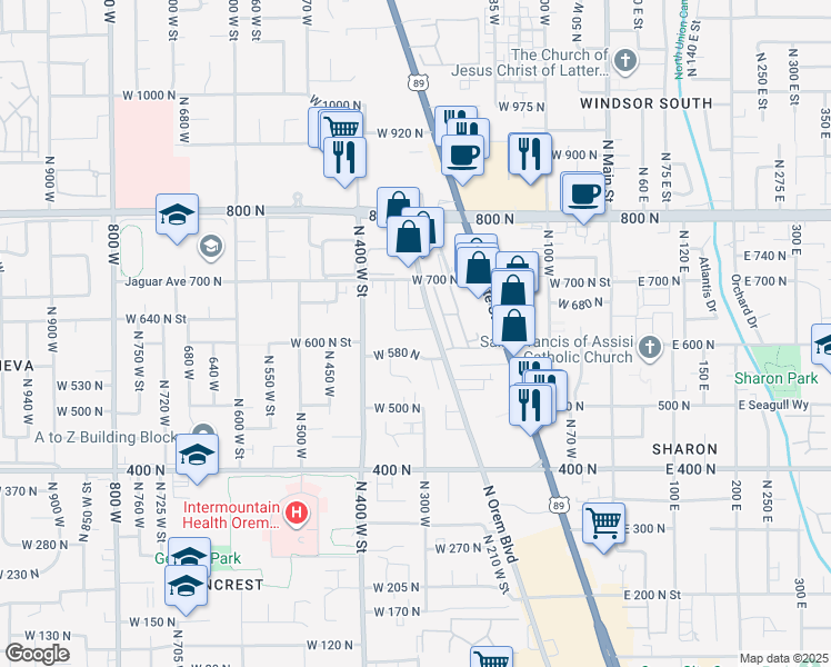 map of restaurants, bars, coffee shops, grocery stores, and more near 324 West 580 North in Orem