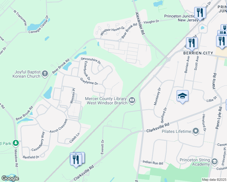 map of restaurants, bars, coffee shops, grocery stores, and more near 8 Kent Court in Princeton
