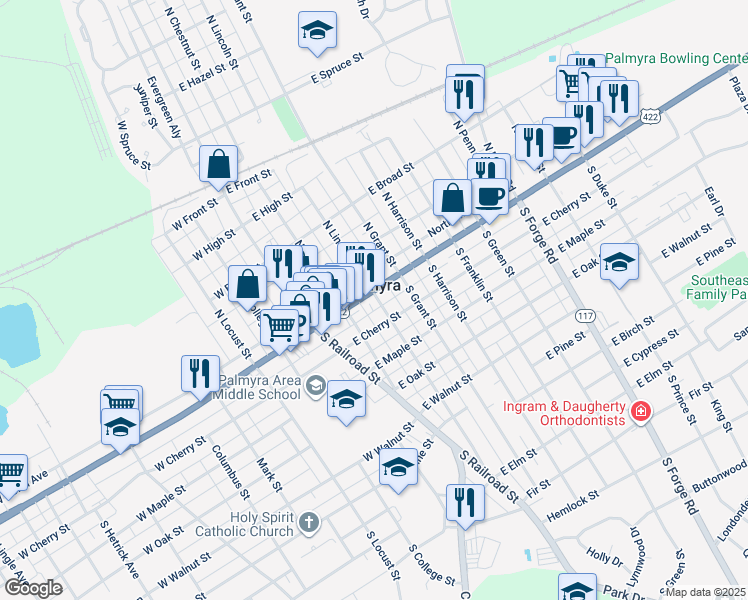 map of restaurants, bars, coffee shops, grocery stores, and more near 129 East Cherry Street in Palmyra
