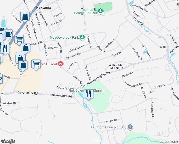 map of restaurants, bars, coffee shops, grocery stores, and more near 630 Burgundy Road in Harrisburg