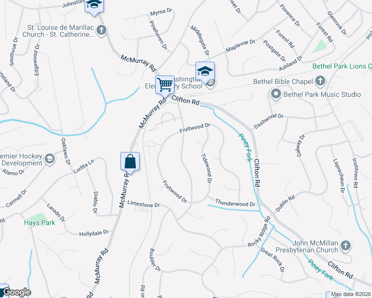 map of restaurants, bars, coffee shops, grocery stores, and more near 1057 Highfield Road in Bethel Park