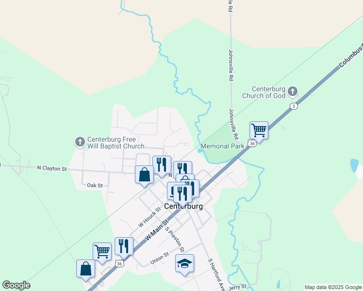 map of restaurants, bars, coffee shops, grocery stores, and more near Heart of Ohio Trail in Centerburg