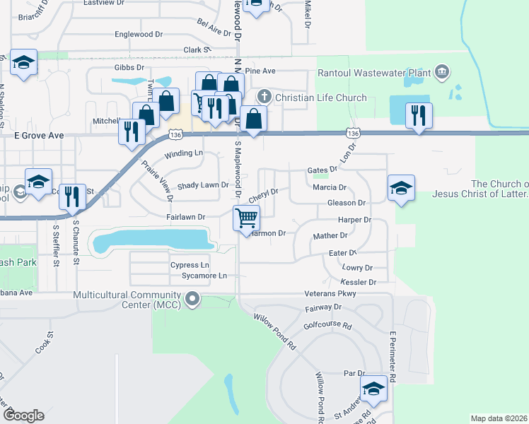 map of restaurants, bars, coffee shops, grocery stores, and more near 1308 Rockland Drive in Rantoul