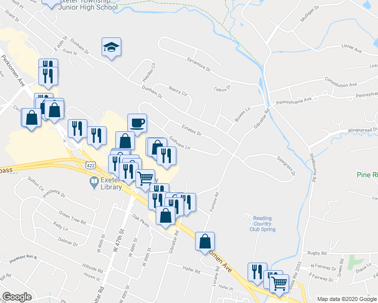 map of restaurants, bars, coffee shops, grocery stores, and more near 18 Golfview Lane in Reading