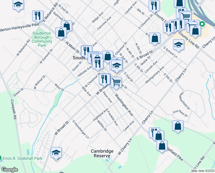 map of restaurants, bars, coffee shops, grocery stores, and more near 38 Washington Avenue in Souderton
