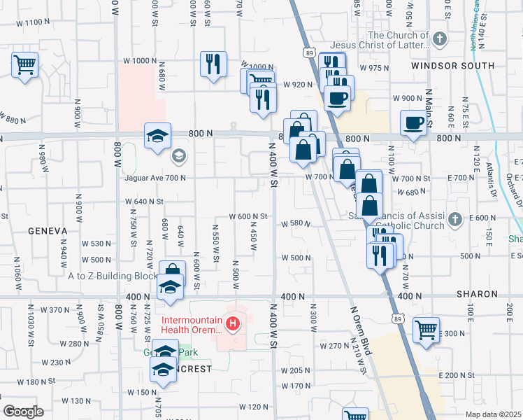 map of restaurants, bars, coffee shops, grocery stores, and more near 420 West 600 North Street in Orem