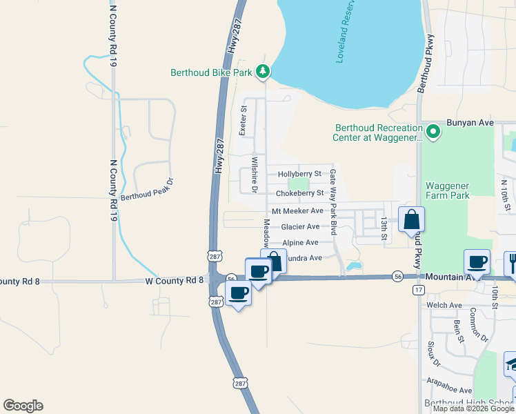 map of restaurants, bars, coffee shops, grocery stores, and more near 1712 Mount Meeker Avenue in Berthoud
