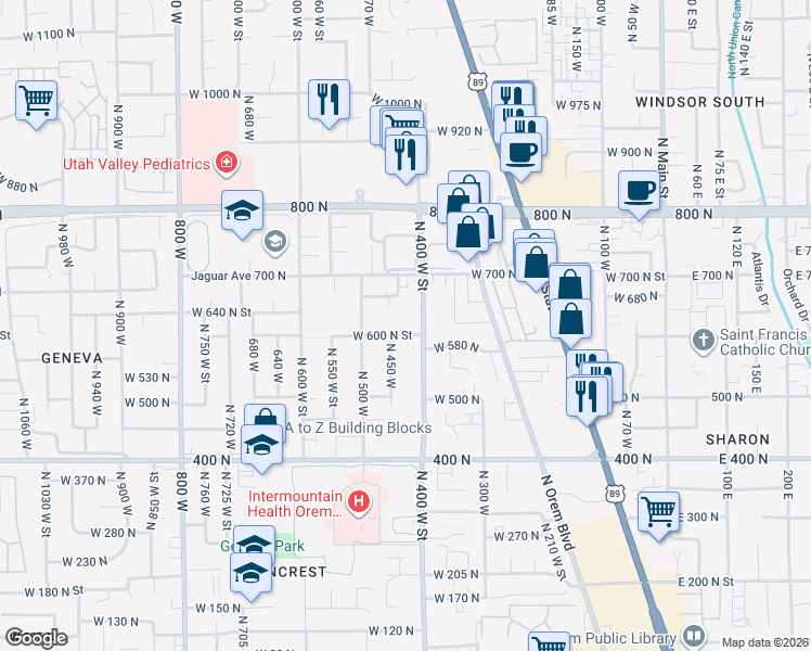 map of restaurants, bars, coffee shops, grocery stores, and more near 588 North 450 West in Orem