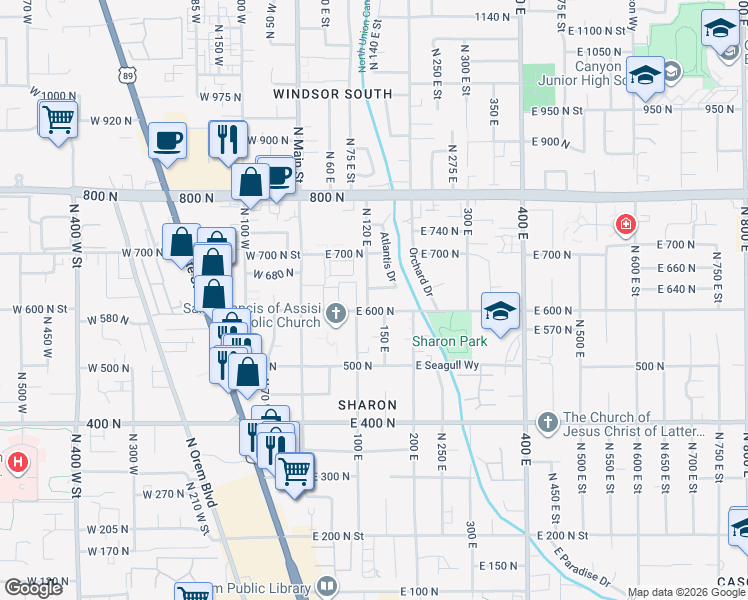 map of restaurants, bars, coffee shops, grocery stores, and more near 620 North 120 East in Orem